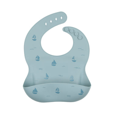 Blue sailboat silicone bib for babies, perfect for mealtime messes and easy cleaning.