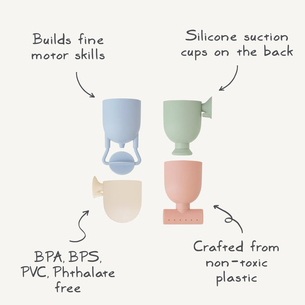 Mushie Pour and Play Bath Set silicone suction pour cups muted colors