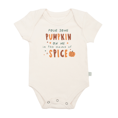 "Graphic short sleeve bodysuit for babies featuring 'Pour Some Pumpkin' design."