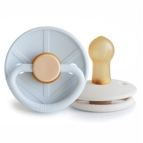 FRIGG Little Viking Natural Rubber Pacifier 2-Pack in soft colors, perfect for soothing babies.