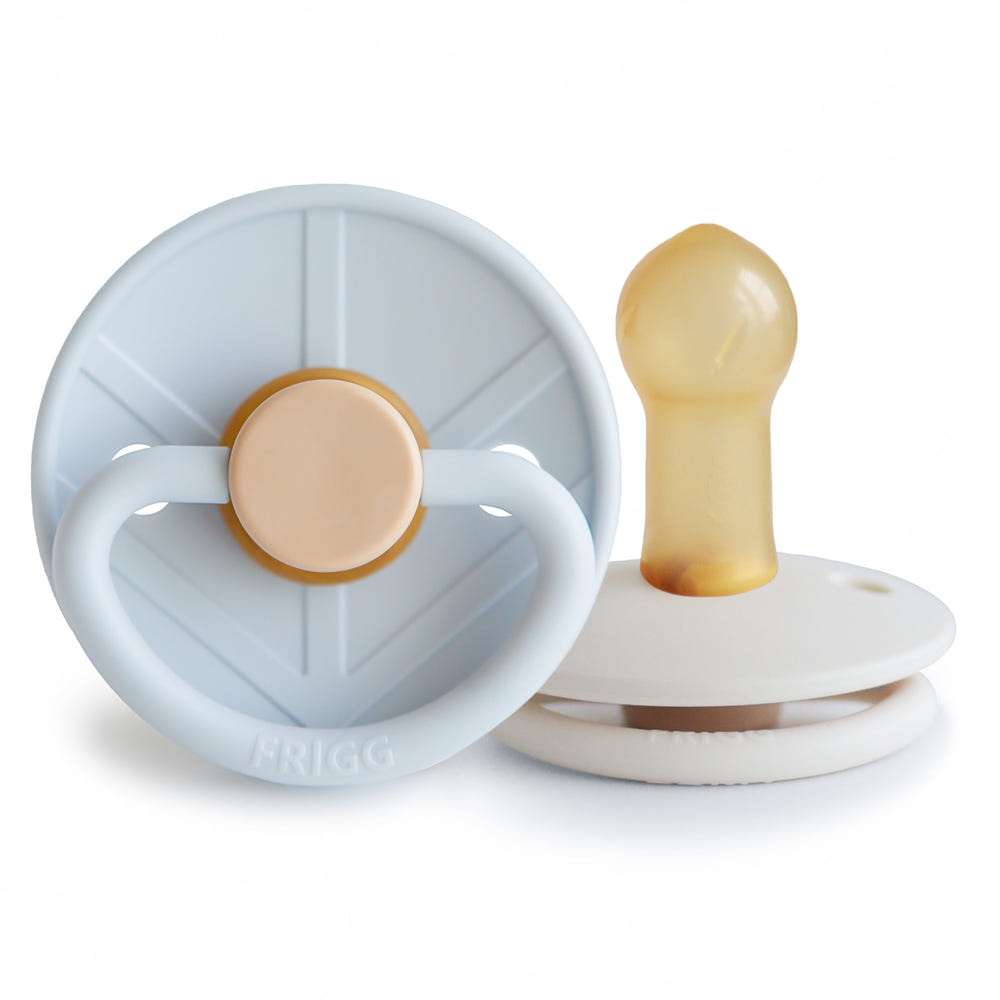 FRIGG Little Viking Natural Rubber Pacifier 2-Pack in soft colors, perfect for soothing babies.