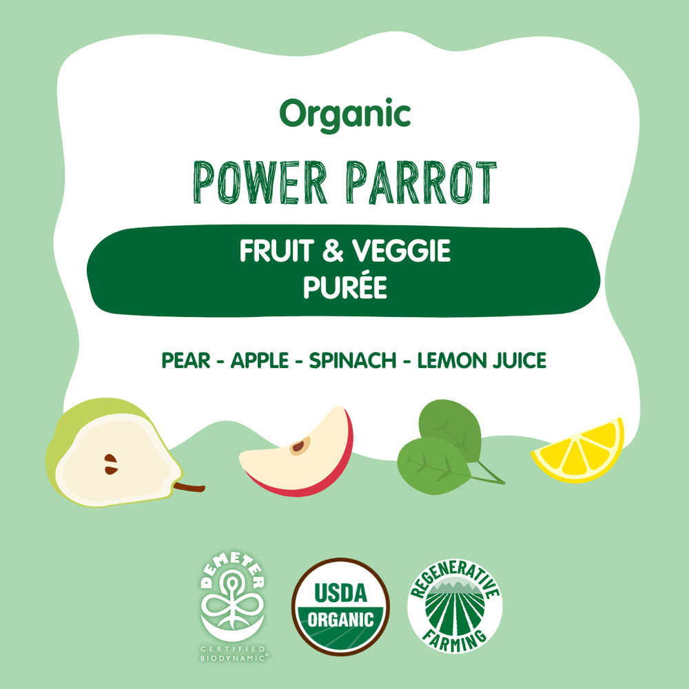 Organic Power Parrot Fruit & Veggie Puree pouch for babies, featuring vibrant packaging and healthy ingredients.