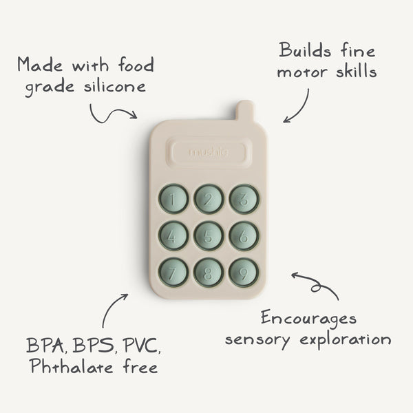 Colorful phone press toy for babies, designed for sensory play and development, shown from angle 4.