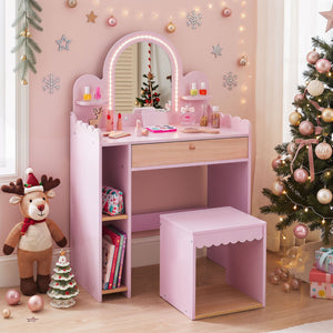 Pretend Makeup Dressing Table Set with 2 Small Shelves and Compartments-Pink