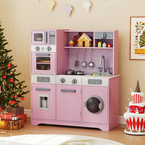 Pretend Play Kitchen Wooden Toy Set Kitchen Accessory Playset with Real Lights Sounds