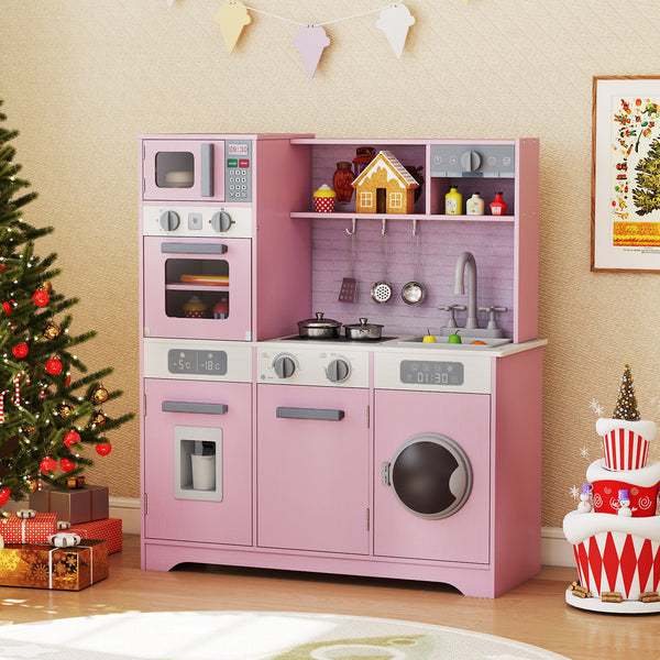 Pretend Play Kitchen Wooden Toy Set Kitchen Accessory Playset with Real Lights Sounds