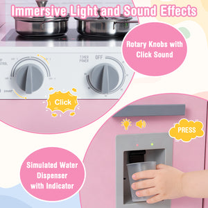 Pretend Play Kitchen Wooden Toy Set Kitchen Accessory Playset with Real Lights Sounds