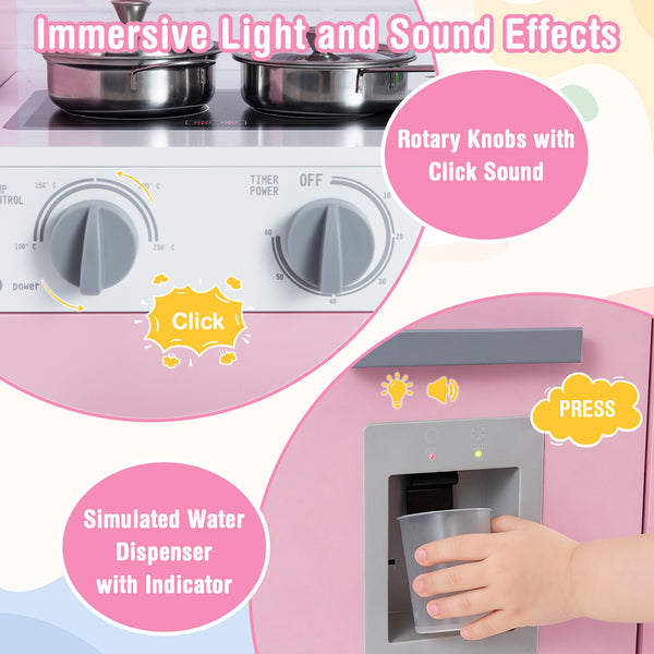 Pretend Play Kitchen Wooden Toy Set Kitchen Accessory Playset with Real Lights Sounds