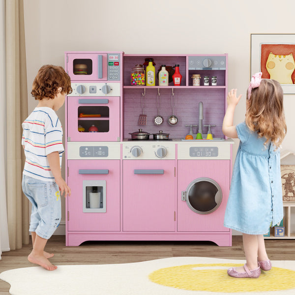 Pretend Play Kitchen Wooden Toy Set Kitchen Accessory Playset with Real Lights Sounds