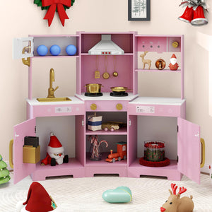 Pretend Play Kitchen Wooden Toy Set with Range Hood Real Sounds and Lights