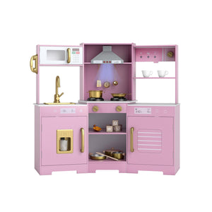 Pretend Play Kitchen Wooden Toy Set with Range Hood Real Sounds and Lights