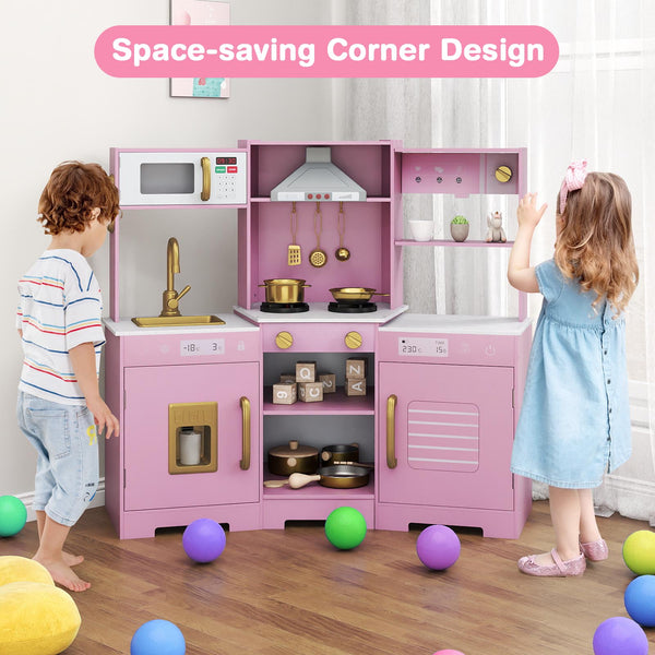 Pretend Play Kitchen Wooden Toy Set with Range Hood Real Sounds and Lights