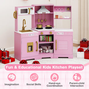 Pretend Play Kitchen Wooden Toy Set with Range Hood Real Sounds and Lights