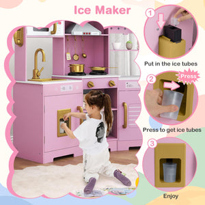 Pretend Play Kitchen Wooden Toy Set with Range Hood Real Sounds and Lights