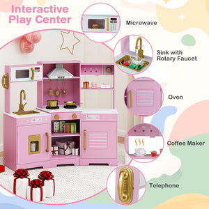 Pretend Play Kitchen Wooden Toy Set with Range Hood Real Sounds and Lights