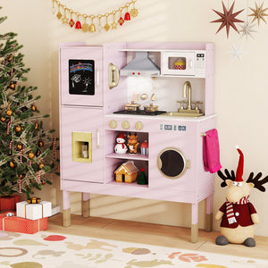 Pretend Play Kitchen Toy Kitchen Playset with Range Hood Ice Maker and Telephone