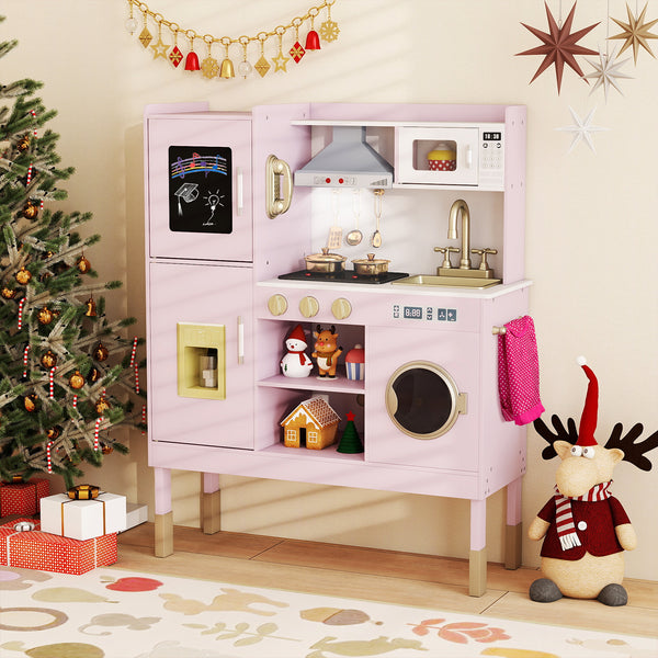 Pretend Play Kitchen Toy Kitchen Playset with Range Hood Ice Maker and Telephone
