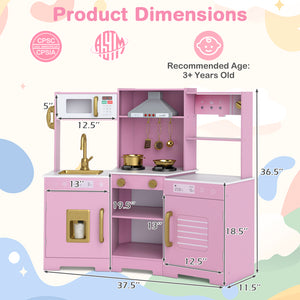Pretend Play Kitchen Wooden Toy Set with Range Hood Real Sounds and Lights