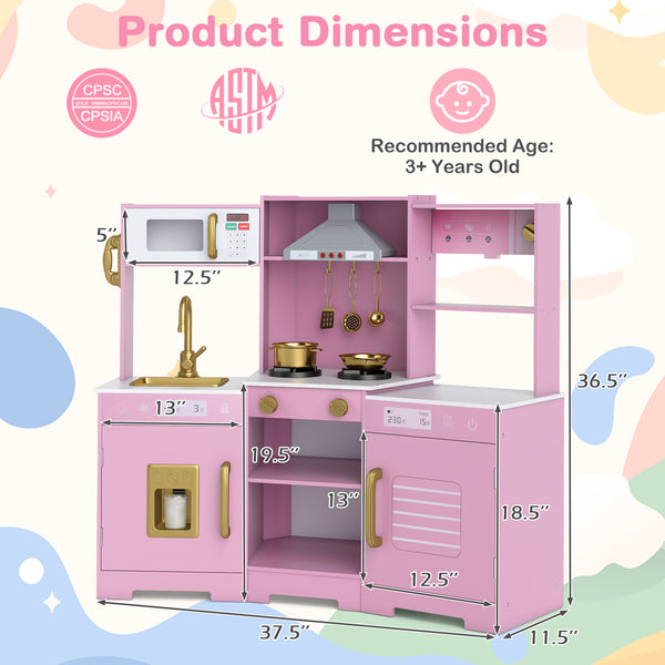 Pretend Play Kitchen Wooden Toy Set with Range Hood Real Sounds and Lights