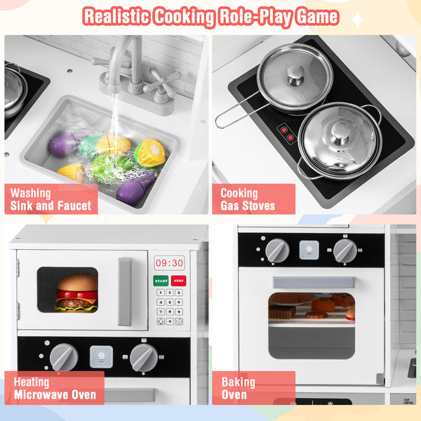 Pretend Play Kitchen Wooden Toy Set Kitchen Accessory Playset with Real Lights Sounds