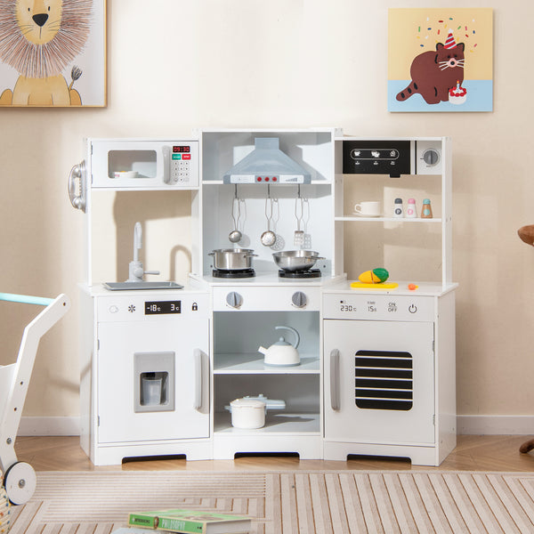 Pretend Play Kitchen Wooden Toy Set with Range Hood Real Sounds and Lights