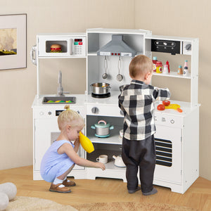 Pretend Play Kitchen Wooden Toy Set with Range Hood Real Sounds and Lights