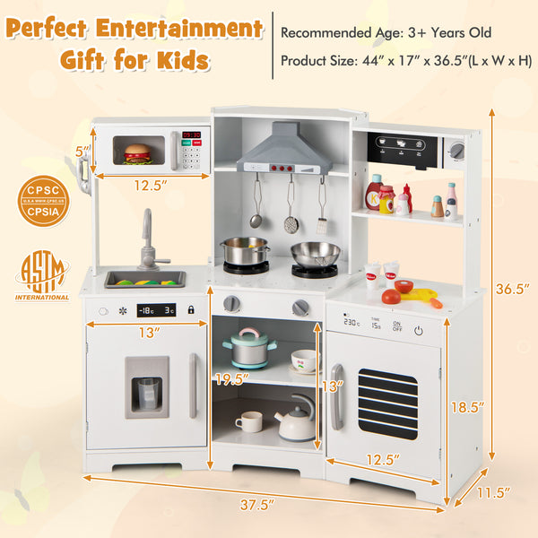 Pretend Play Kitchen Wooden Toy Set with Range Hood Real Sounds and Lights