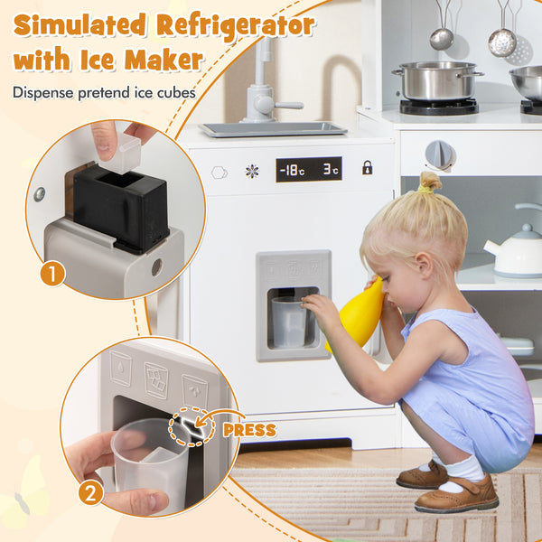 Pretend Play Kitchen Wooden Toy Set with Range Hood Real Sounds and Lights