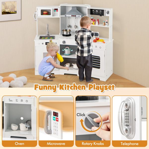 Pretend Play Kitchen Wooden Toy Set with Range Hood Real Sounds and Lights