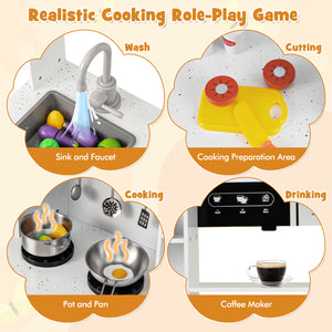 Pretend Play Kitchen Wooden Toy Set with Range Hood Real Sounds and Lights
