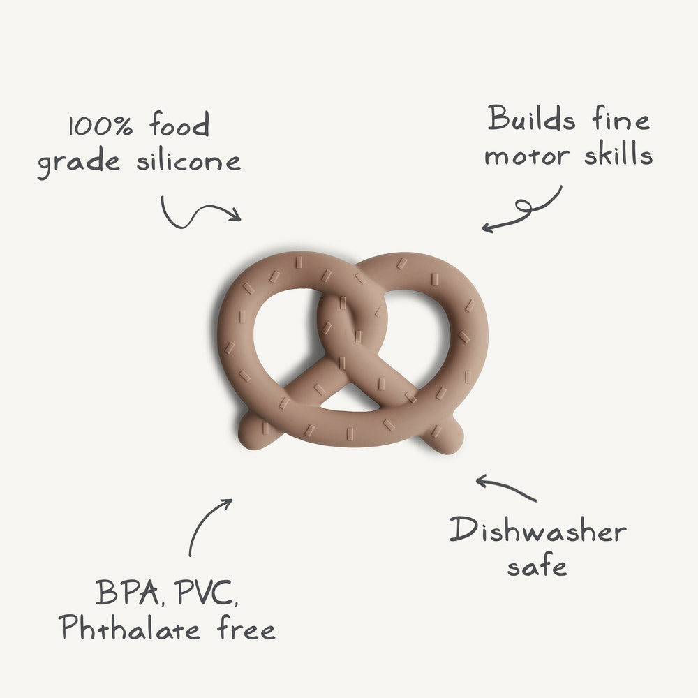 "Soft pretzel teether for babies, perfect for soothing gums and promoting healthy chewing habits."
