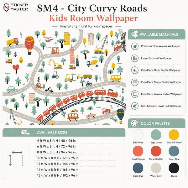 City Curvy Roads Kids Room Wallpaper Mural for Playrooms by Sticker Master