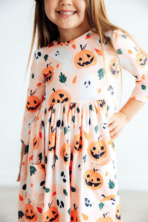 Mila & Rose Pumpkin Peekaboo Twirl Pocket Dress 3/4 Sleeve