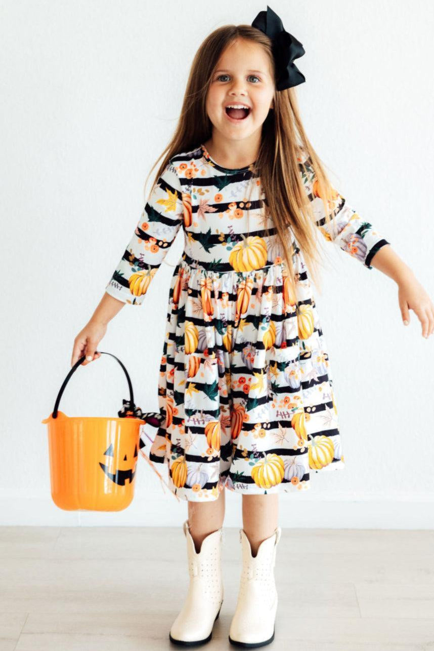 Pumpkins & Peonies 3/4 Sleeve Pocket Twirl Dress