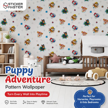 Puppy Adventure Pattern Wallpaper | Dog Kids Room Wall Mural Decor Art