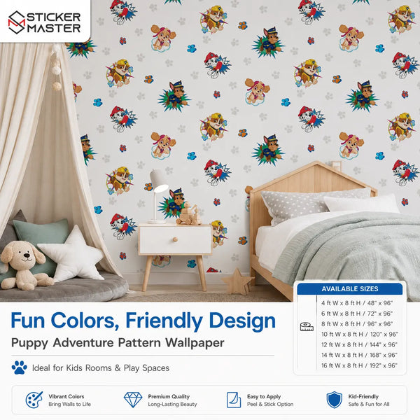 Puppy Adventure Pattern Wallpaper | Dog Kids Room Wall Mural Decor Art