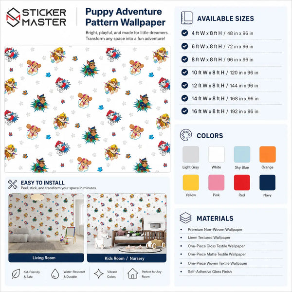 Puppy Adventure Pattern Wallpaper | Dog Kids Room Wall Mural Decor Art