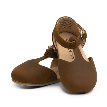 Brown Mary Jane hard sole baby shoes - stylish and comfortable footwear for infants.