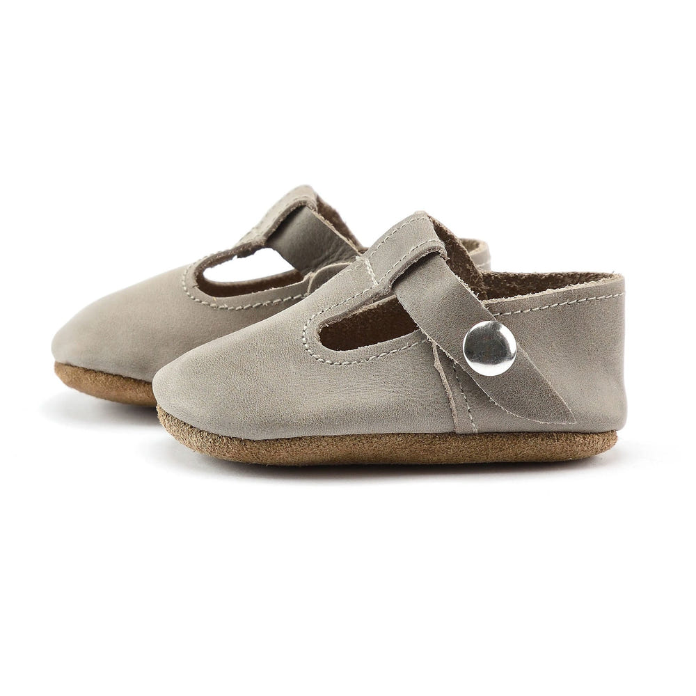 Soft sole T-Strap Mary Jane shoes for babies in stone color, perfect for comfort and style.