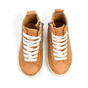 Natural high top sneakers for babies, stylish and comfortable, shown from angle 3. Perfect for little feet!
