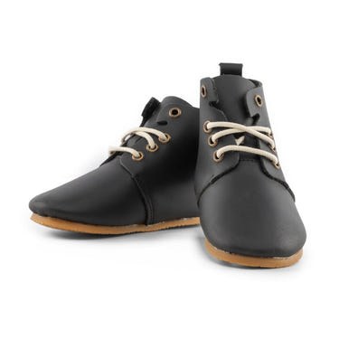 Black high top oxfords for babies with hard sole, stylish and durable footwear for little ones.