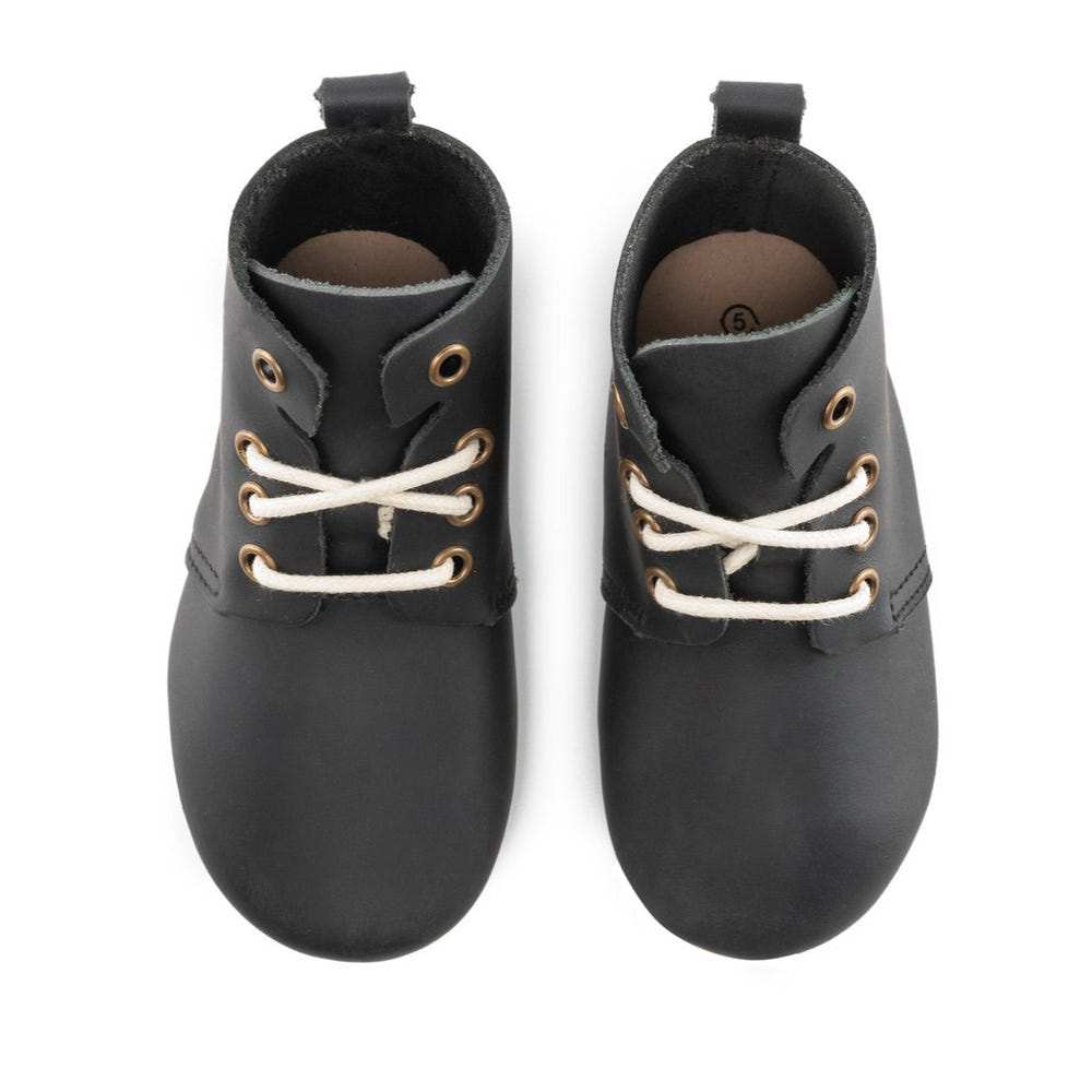 Black high top oxfords for babies with hard sole, stylish and durable footwear for little ones.