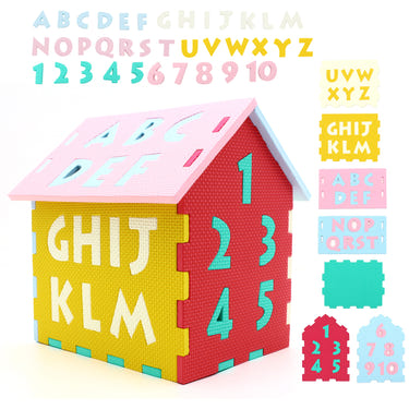 Colorful interlocking alphabet and number puzzle floor mats for kids' playroom furniture.