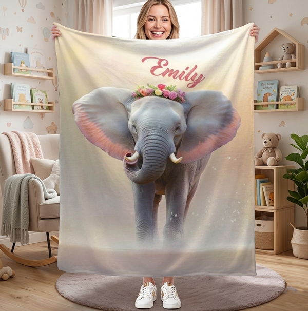 Personalized Elephant Blanket with Name | Custom Girl Gift