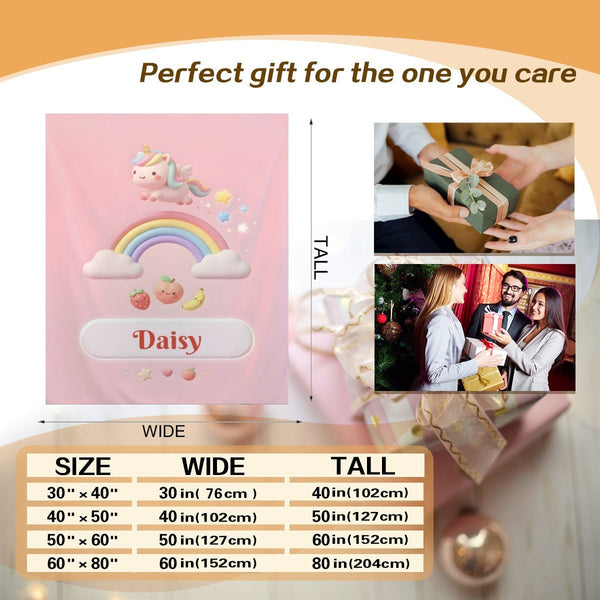 Personalized Unicorn Blanket | Custom Name | Pastel Rainbow Pink Fleece Throw Gift