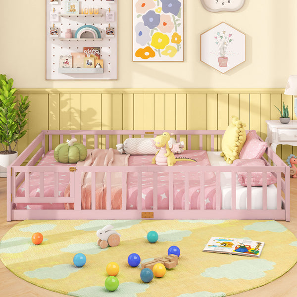 Queen Size Floor Bed Kids Montessori Bed Frame with Full Length Safety Guardrails