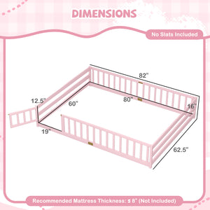 Queen Size Floor Bed Kids Montessori Bed Frame with Full Length Safety Guardrails