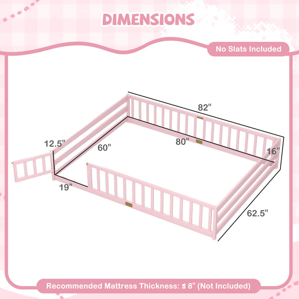 Queen Size Floor Bed Kids Montessori Bed Frame with Full Length Safety Guardrails