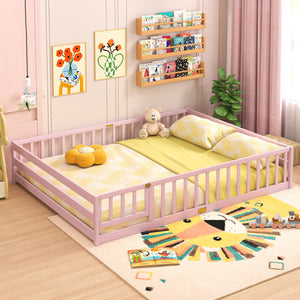Queen Size Floor Bed Kids Montessori Bed Frame with Full Length Safety Guardrails