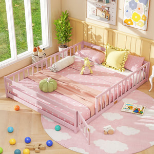 Queen Size Floor Bed Kids Montessori Bed Frame with Full Length Safety Guardrails